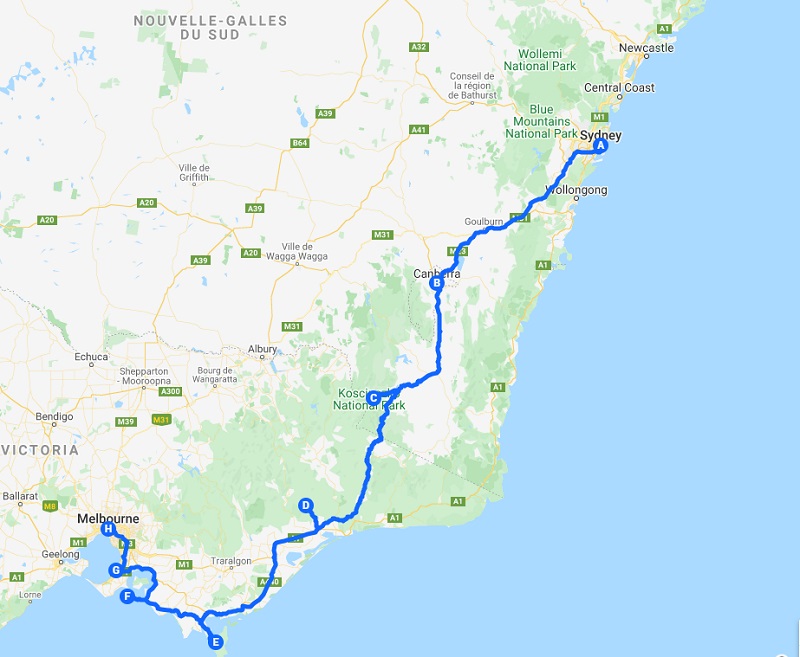 Roadtrip australie - Sydney à Melbourne en passant par Canberra- carte