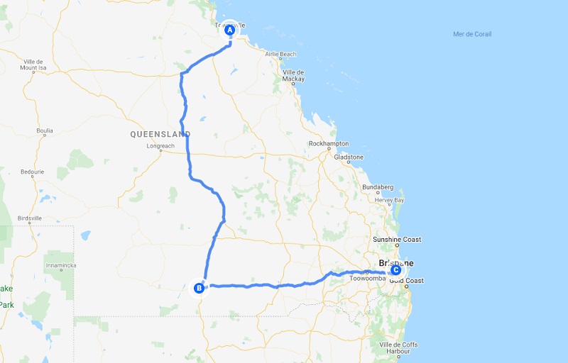 Roadtrip australie - le queensland et l'outback - carte