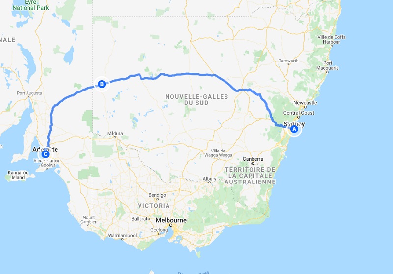 Roadtrip australie - Sydney à Adelaide en passant par broken hill- carte