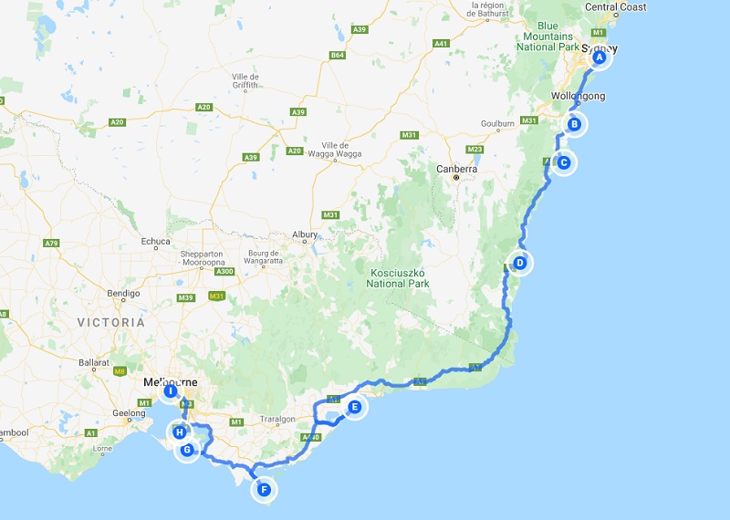Roadtrip australie - Melbourne à Sydney- carte