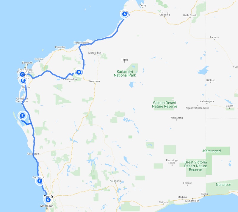 Roadtrip australie - Côte Ouest- carte