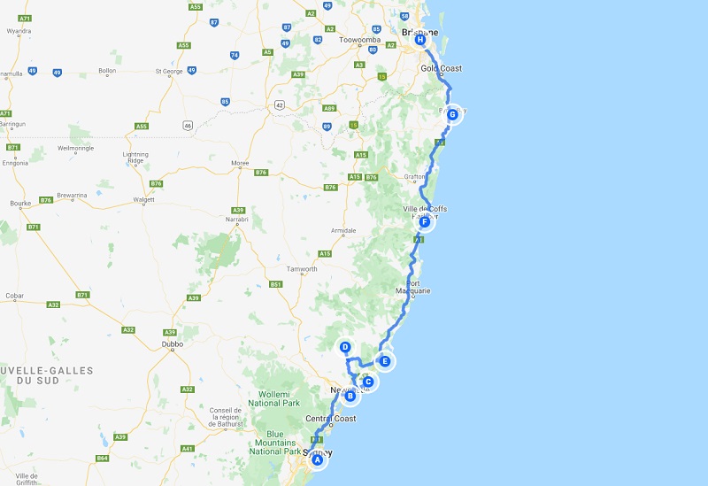 Roadtrip australie - pacific coast- carte